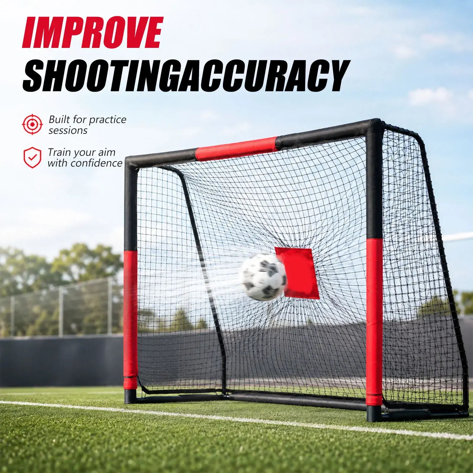 Kids portable soccer goal with red shooting target on green grass field, soccer ball hitting target net, backyard football shooting accuracy training equipment
