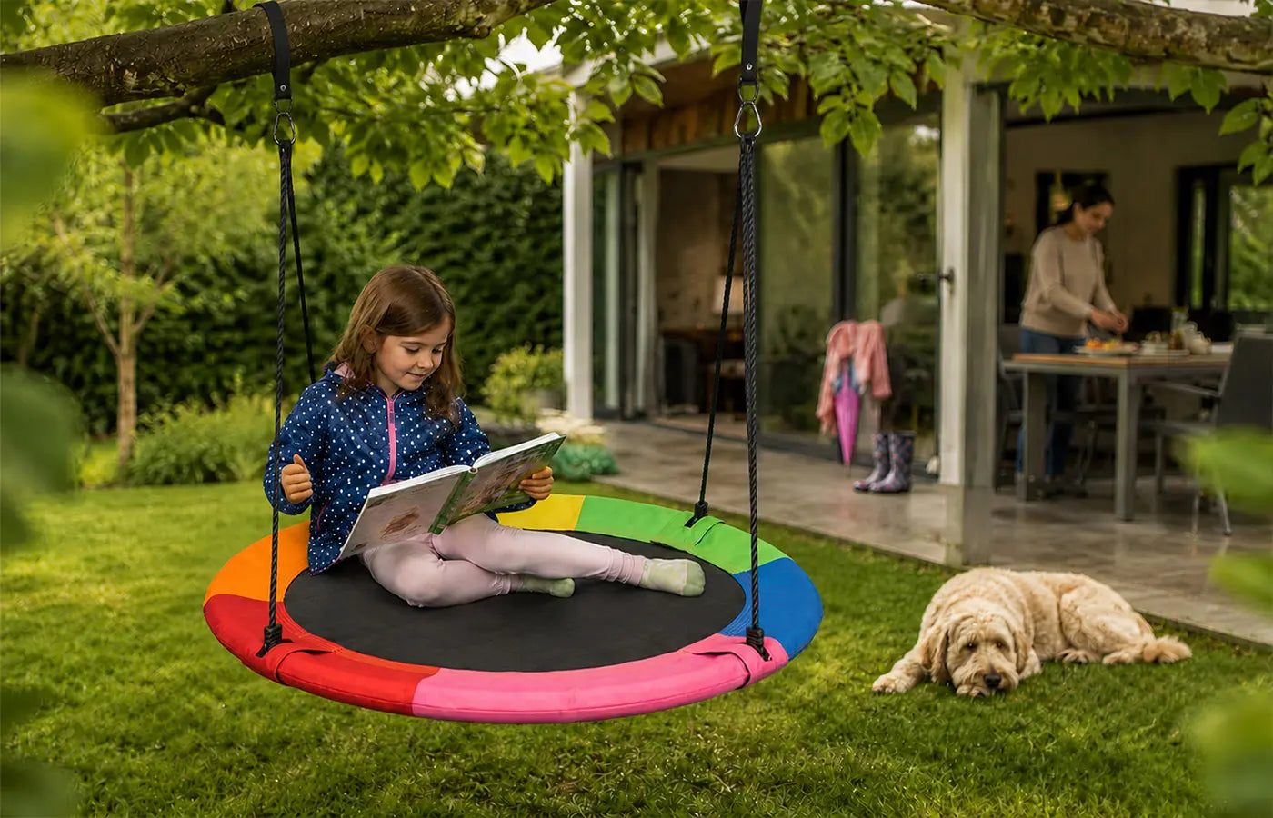 SkyBound saucer swing can be assembled and disassembled within minutes. Compact fold‑down design for easy transport & storage. Perfect portable play equipment for kids to enjoy outdoor fun anywhere.