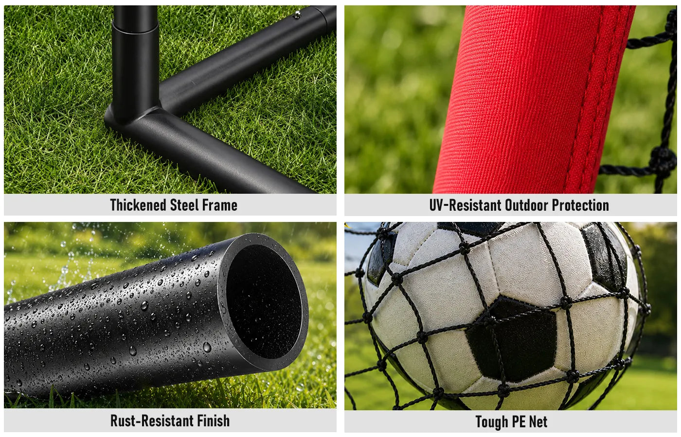 These soccer goals feature a heavy-duty frame built with premium galvanized steel tubing finished with baked anti-rust coating for great corrosion resistance. Combined with durable, long-lasting PE netting, the whole goal stands up to tough outdoor weather. 