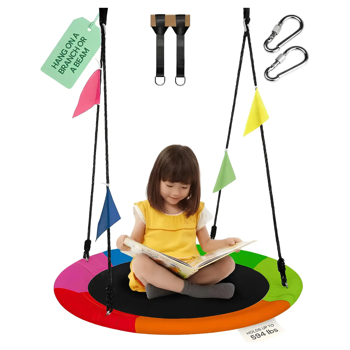 Rainbow Round Saucer Swing for Kids & Adults - 594 lb Heavy Duty Tree Swing for Backyard, Playground, Indoor Outdoor Use