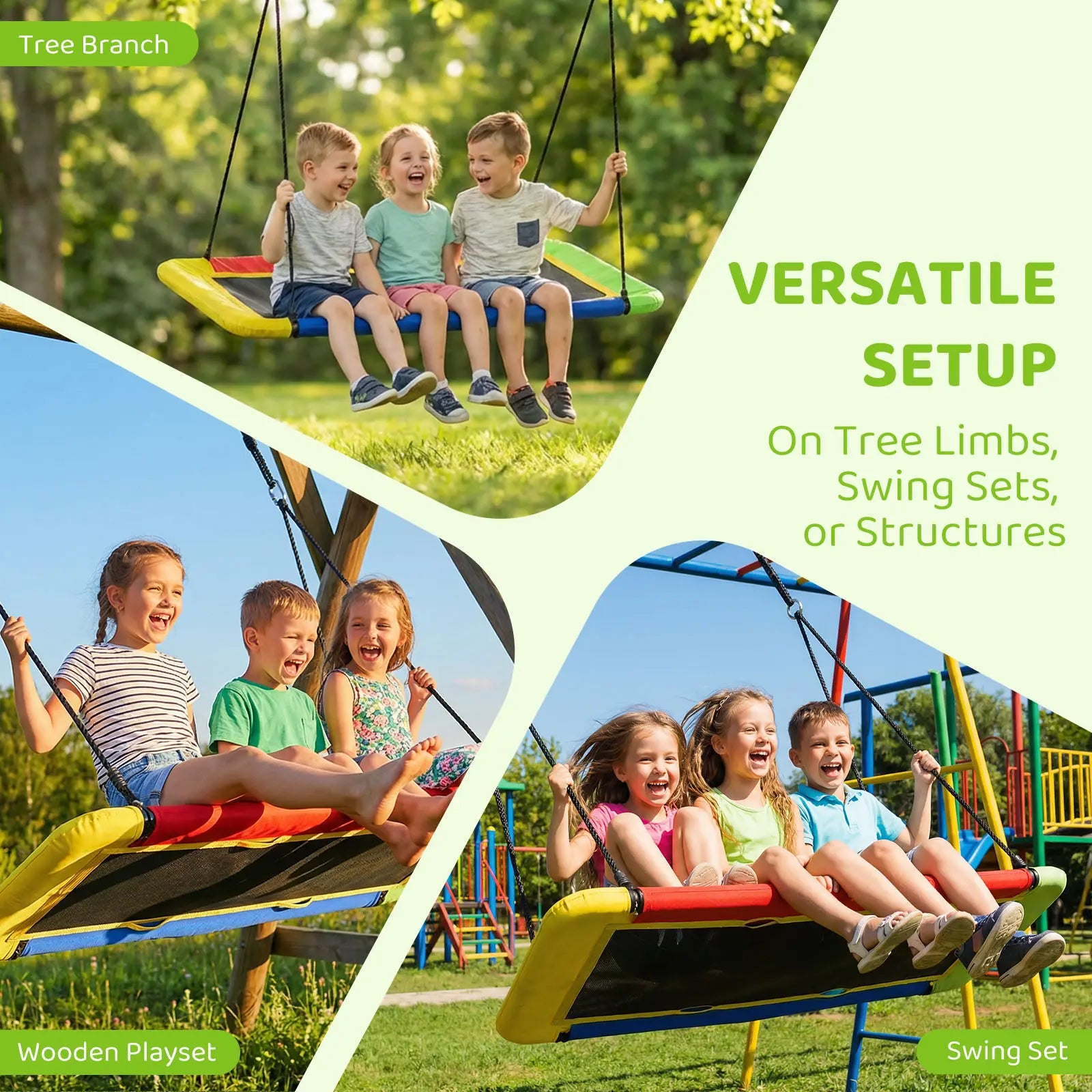 Multifunctional rectangular platform swing supports multiple installation ways, can be hung on tree branches, wooden play structures and swing frames for children outdoor entertainment.