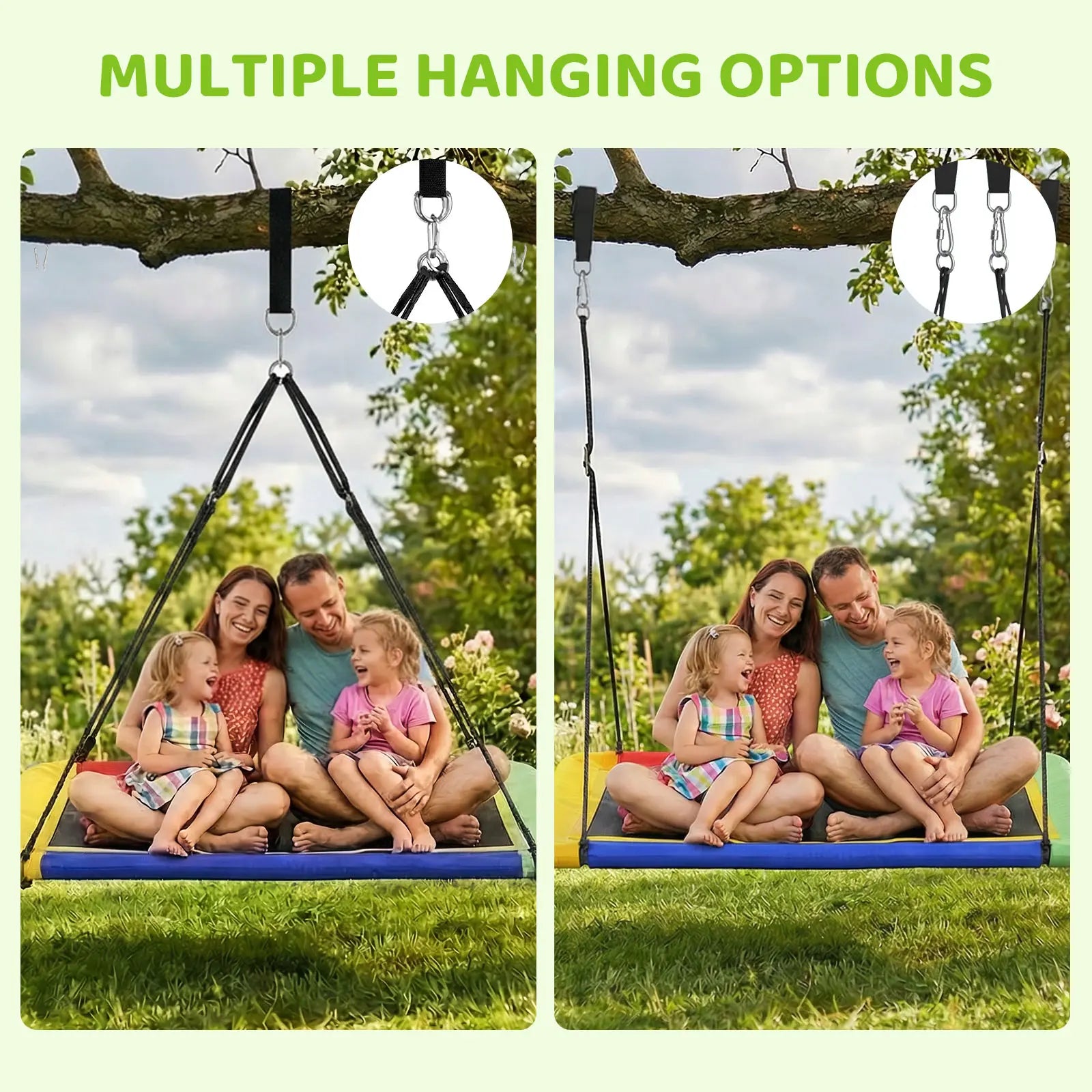 Colorful rectangular platform swing comes with multiple hanging setup solutions, flexible installation modes for tree mounting, suitable for family outdoor leisure and play.