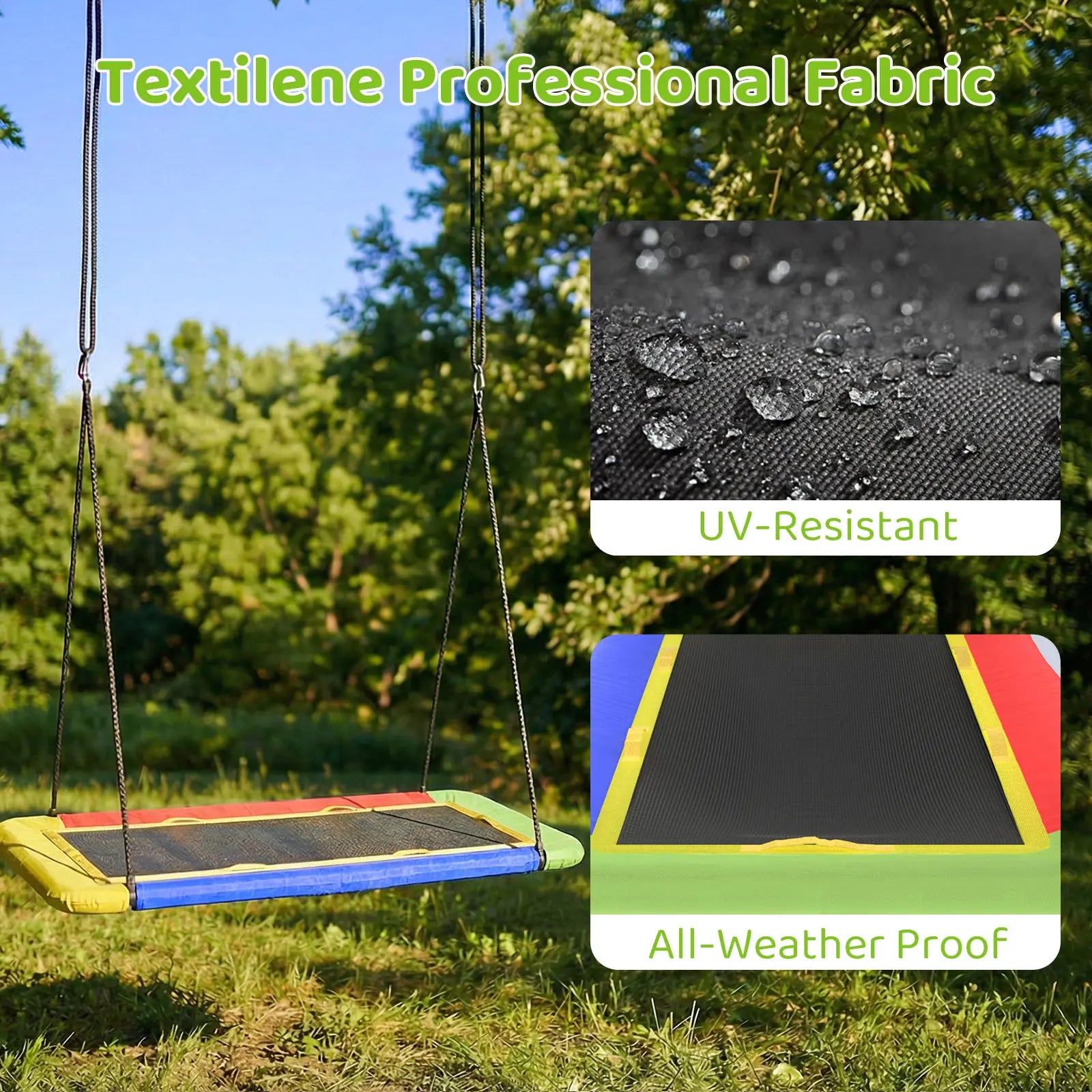 Outdoor rectangular platform swing adopts premium Textilene mesh fabric, resistant to UV rays and suitable for all weather conditions, durable for long-term backyard use.
