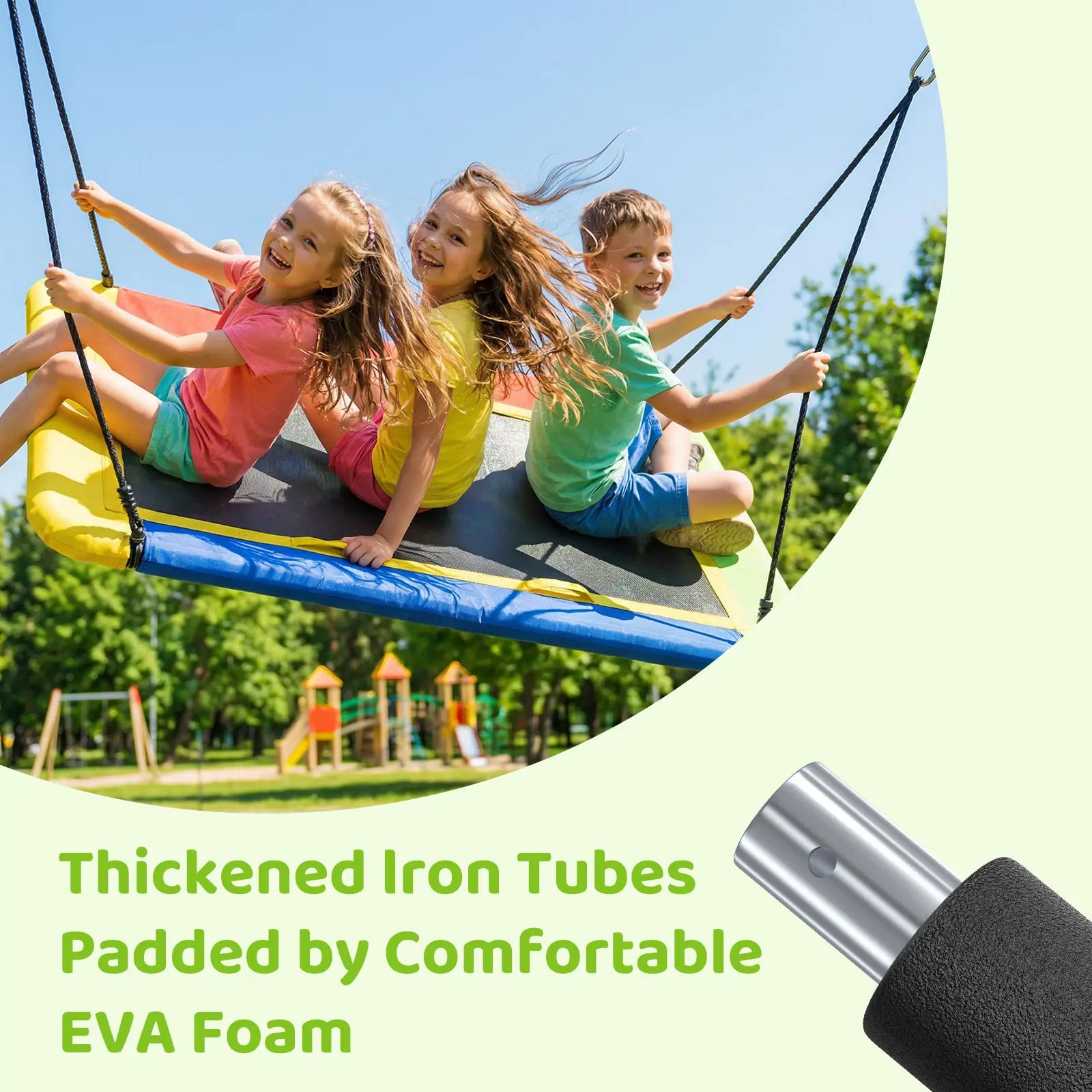 Kids rectangular platform swing adopts thickened iron tube framework covered by cushioned EVA foam, sturdy structure and safe edge protection for outdoor backyard play.