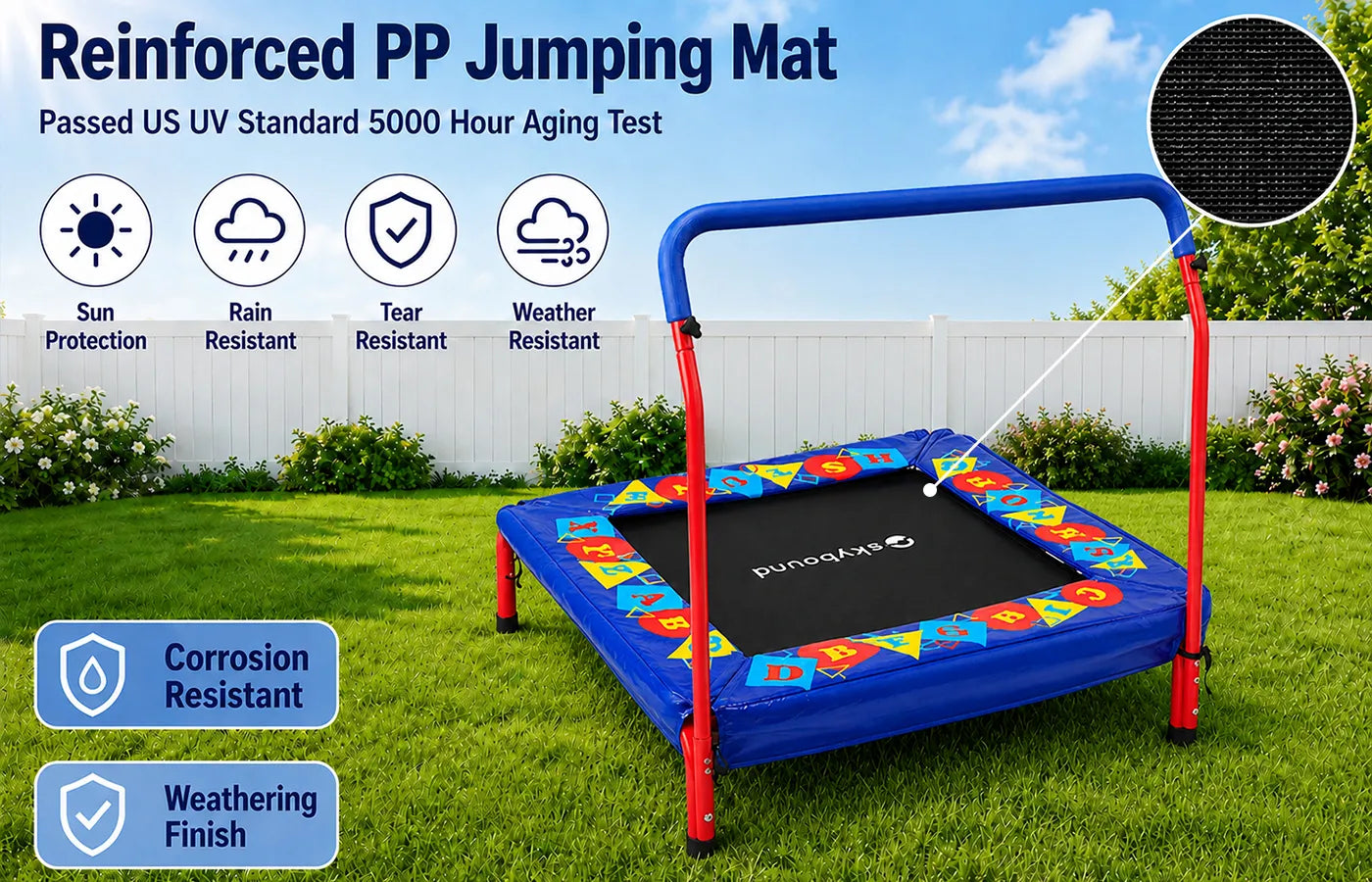Our trampoline adopts reinforced PP jumping mat, which has passed the US UV standard 5000-hour aging test. It features sun-proof, rain-proof and tear-resistant performance, suitable for long-term outdoor use. All metal frames with anti-corrosion coating ensure stable and long-lasting service life.