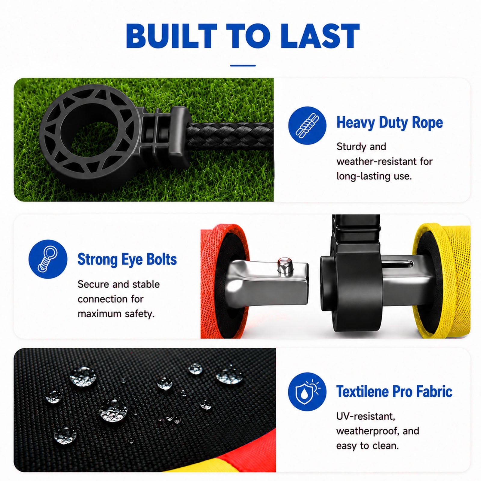 Saucer swing built with premium durable accessories: weatherproof heavy-duty suspension ropes, stable metal eye bolt connections, UV-resistant waterproof Textilene fabric that is easy to clean.