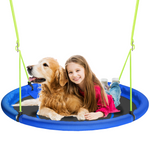 Large circular saucer swing supports kids and pets, perfect outdoor playground accessory for backyard tree hanging leisure activity.