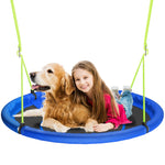 Large circular saucer swing supports kids and pets, perfect outdoor playground accessory for backyard tree hanging leisure activity.