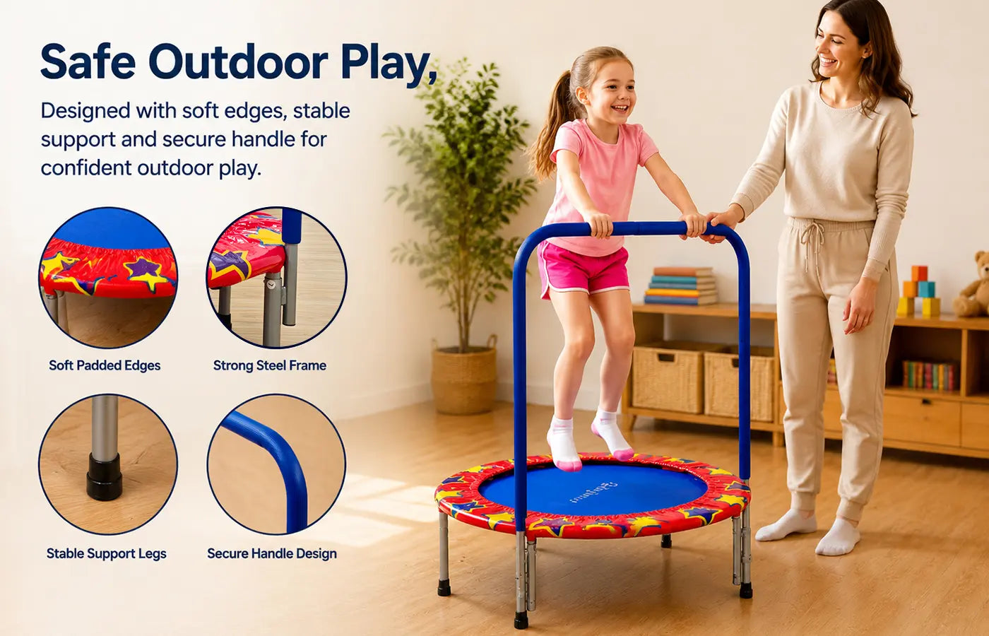 We put children’s safety first. Our trampolines pass rigorous ASTM safety tests covering heavy metals, lead and flammability. Premium thick padded materials prevent collision injuries. 