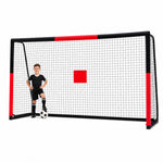 Safe outdoor kids soccer goal featuring anti-collision foam wrapping and central shooting target sticker to improve shooting accuracy, weather-resistant UV certified metal frame, perfect for solo kid practice, family backyard matches and team drills