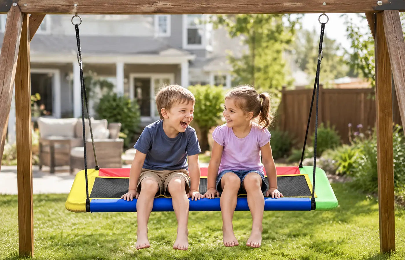 Safety's always our top priority. We follow strict standards and run full ASTM tests—heavy metals, lead, flammability, all of it. Every detail is designed to cut down risks. We use strong multi-strand ropes, tough premium fabric, and a solid frame for better stability and fewer surprises. Bottom line: we make reliable, kid-safe swings, so parents can have more peace of mind.