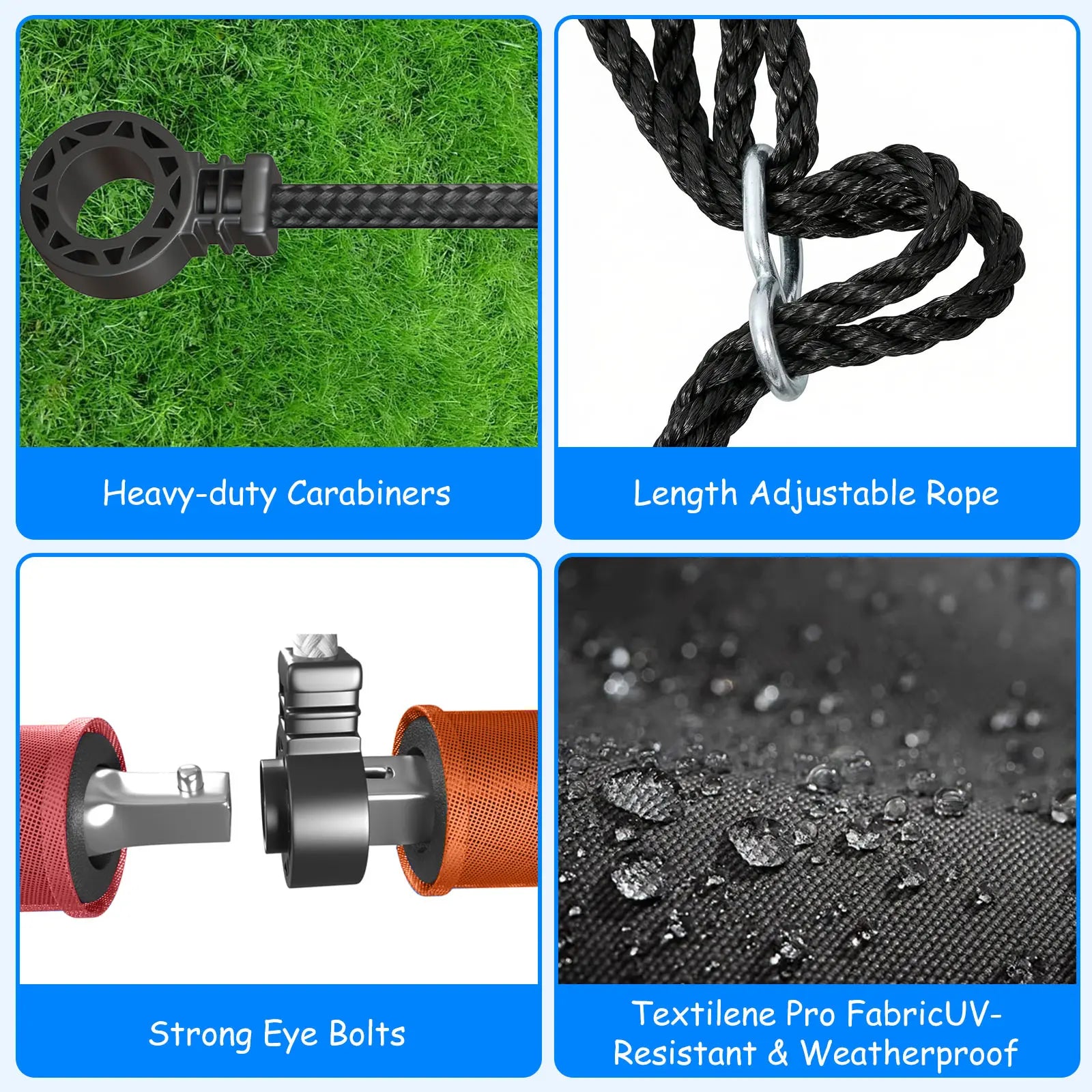 Premium accessories for saucer tree swing, featuring heavy‑duty carabiners, adjustable‑length ropes, sturdy eye bolts and UV‑resistant weather‑proof Textilene fabric for long‑time outdoor use.