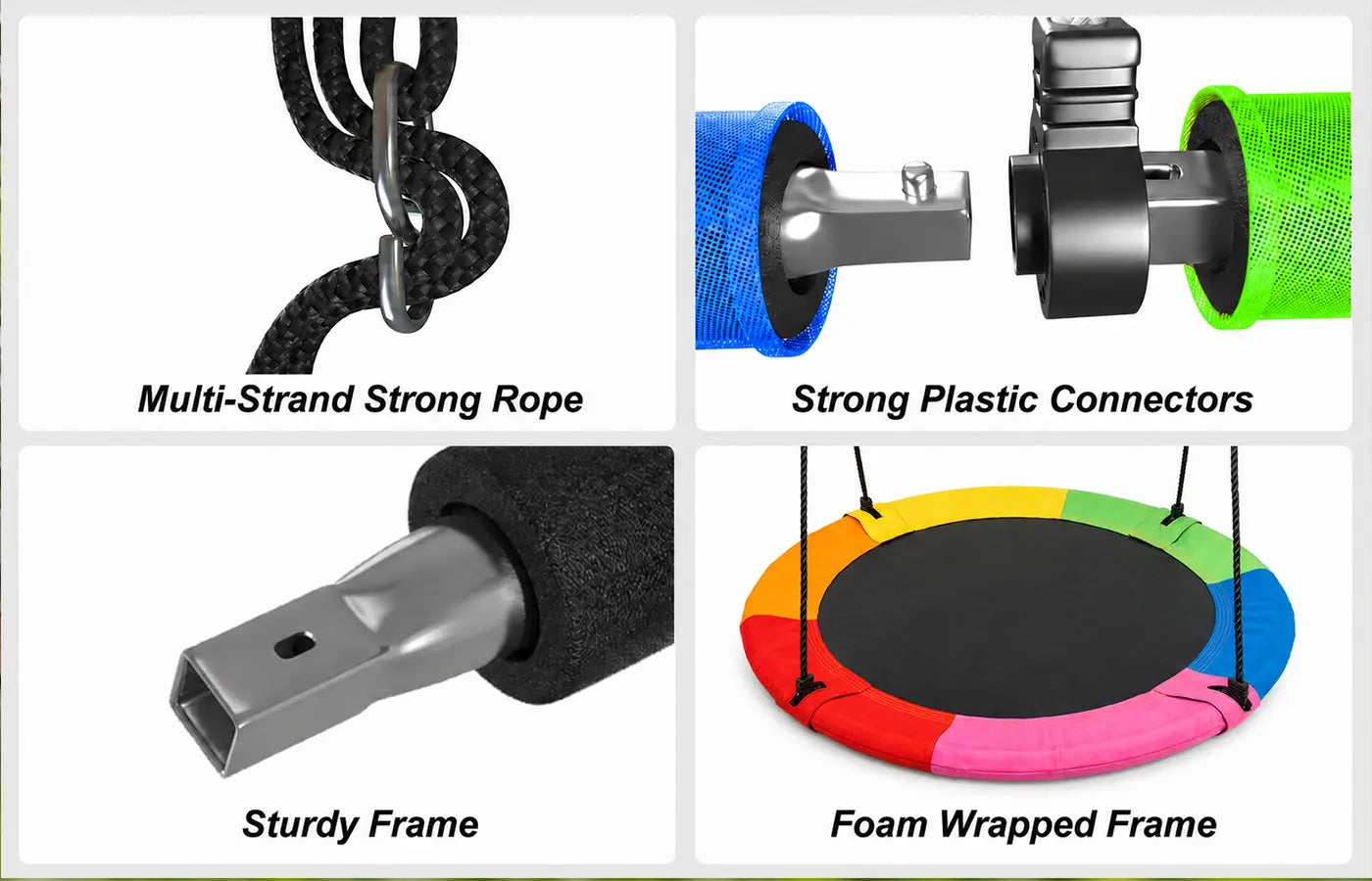 Every saucer swing is built with safety‑focused parts: heavy‑duty multi‑strand ropes, tough connectors, solid steel frame and soft foam wrapping for secure, worry‑free swinging fun.