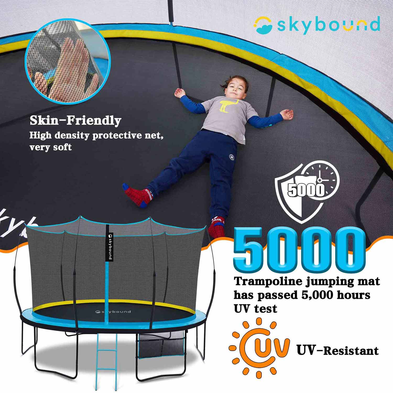 At the top, a little girl is lying on an 6ft trampoline, with a detailed image of the net in the top left corner. Below it reads "Skin-friendly high-quality softness." Beneath, next to the trampoline, it says "5000 UV tested, UV resistant."