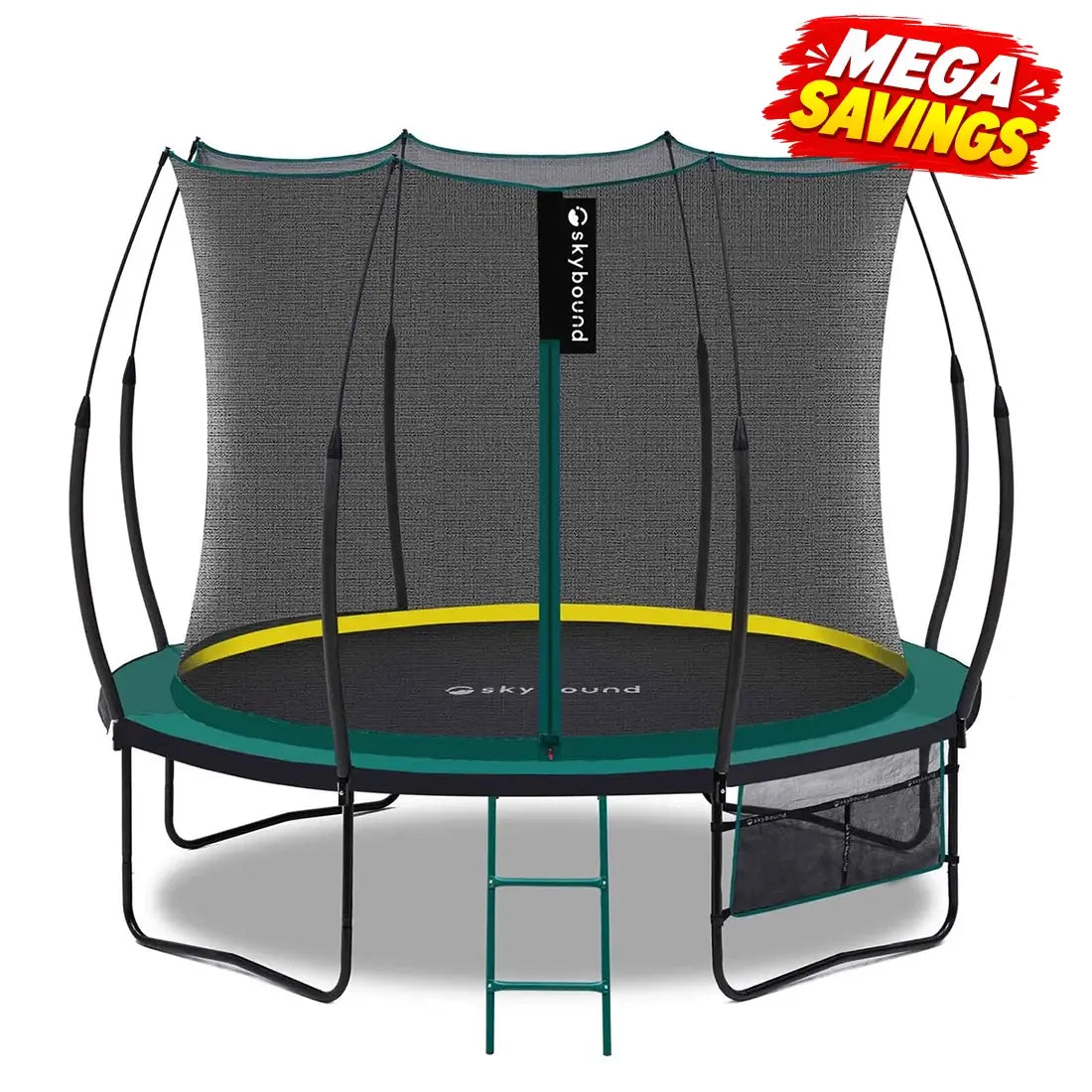 SkyBound 10ft springless round trampoline uses bungee cords instead of metal springs. Spacious jumping mat and gap-free safety net deliver safer backyard bouncing fun for multiple kids.