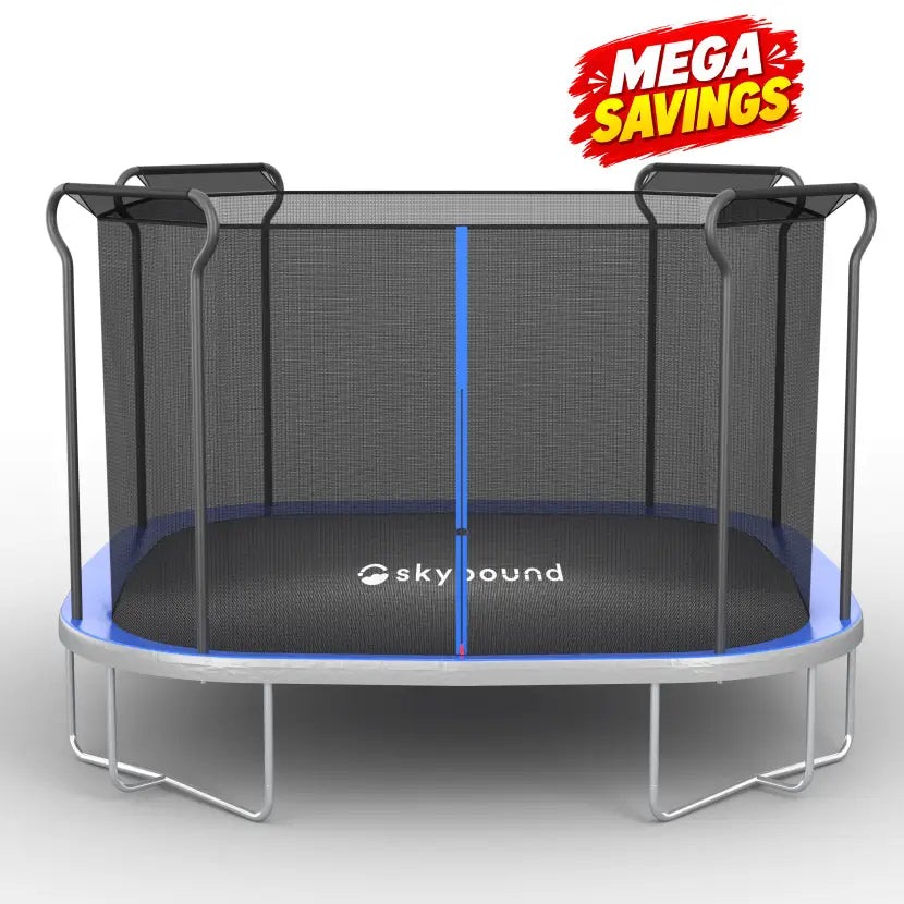 SkyBound 12ft x12ft square trampoline delivers even bounce across the whole mat. Built-in safety net design, great for controlled jumps and active backyard play for kids.