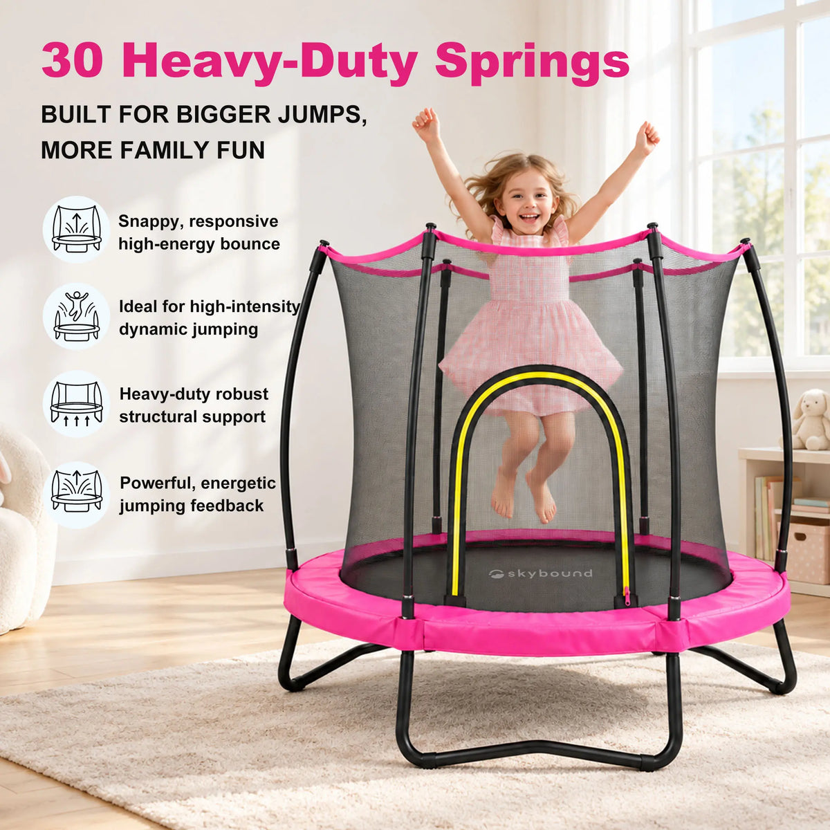 Kids indoor trampoline equipped with 30 heavy‑duty springs, robust structure for high‑intensity dynamic jumping and family entertainment