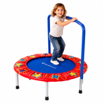 SkyBound 36-inch round mini trampoline with red star-print safety pad, blue jumping mat, silver legs, and blue N-shaped handle. Built with a rust-resistant T1.2mm metal frame, UV-resistant PP jumping mat, 6 stable legs, and a waterproof PVC frame cover for durable kids’ play.