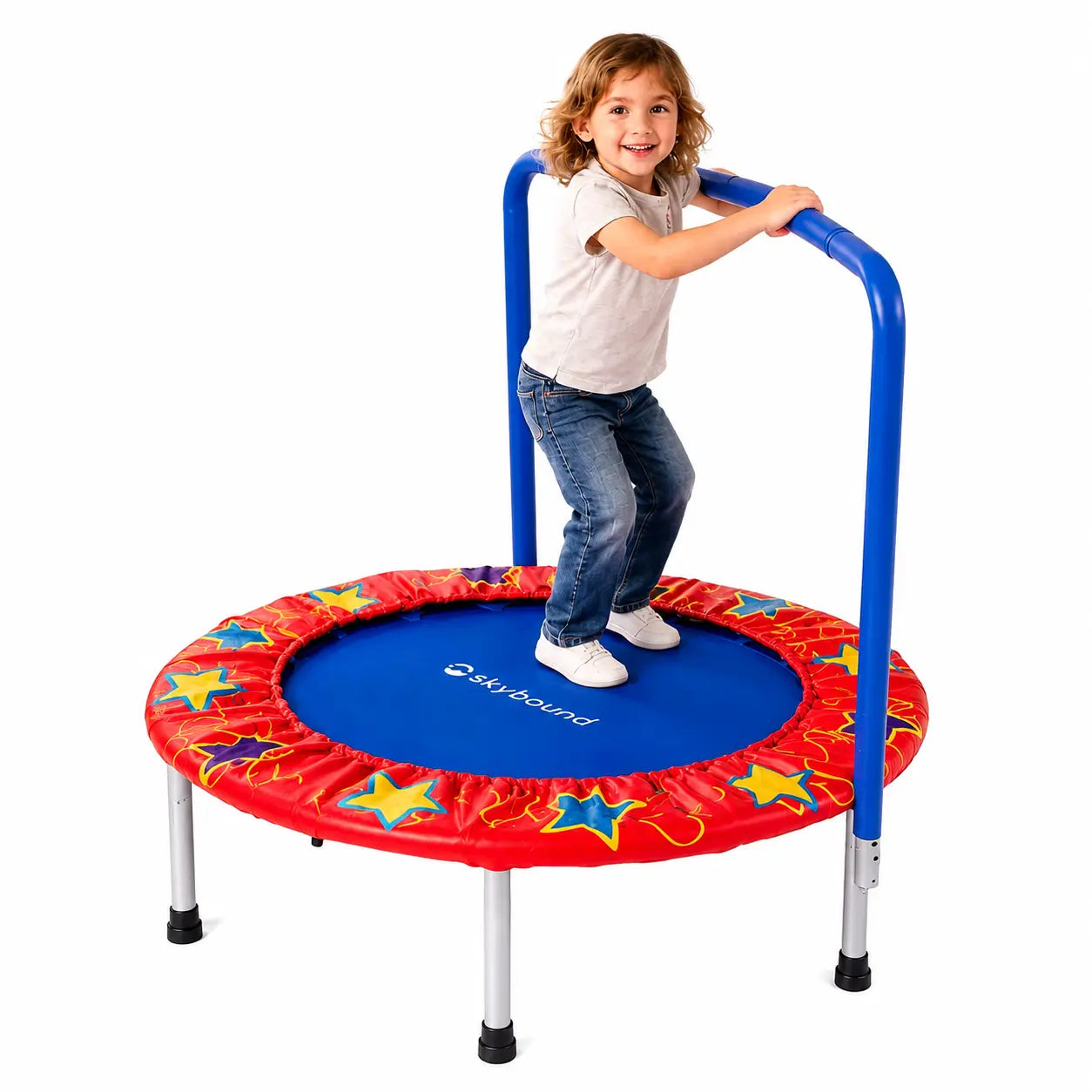 SkyBound 36-inch round mini trampoline with red star-print safety pad, blue jumping mat, silver legs, and blue N-shaped handle. Built with a rust-resistant T1.2mm metal frame, UV-resistant PP jumping mat, 6 stable legs, and a waterproof PVC frame cover for durable kids’ play.