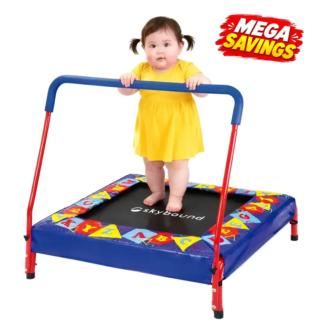 Shop SkyBound 36" square toddler trampoline with hand grip bar. Bright ABC printed safety padding, compact size for safe indoor play for young kids.