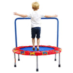 Close-up or exploded view of the SkyBound 36-inch mini trampoline, showing the thick T1.2mm metal frame, reinforced PP jumping mat (5000-hour UV resistant), 6 support legs, N-shaped safety handle, and upgraded PVC frame cover with UV and waterproof performance.