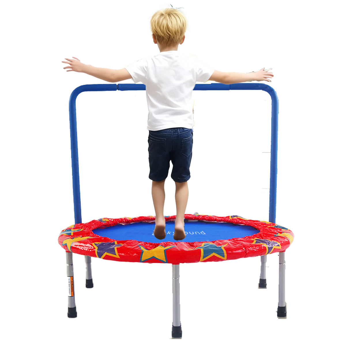 Close-up or exploded view of the SkyBound 36-inch mini trampoline, showing the thick T1.2mm metal frame, reinforced PP jumping mat (5000-hour UV resistant), 6 support legs, N-shaped safety handle, and upgraded PVC frame cover with UV and waterproof performance.