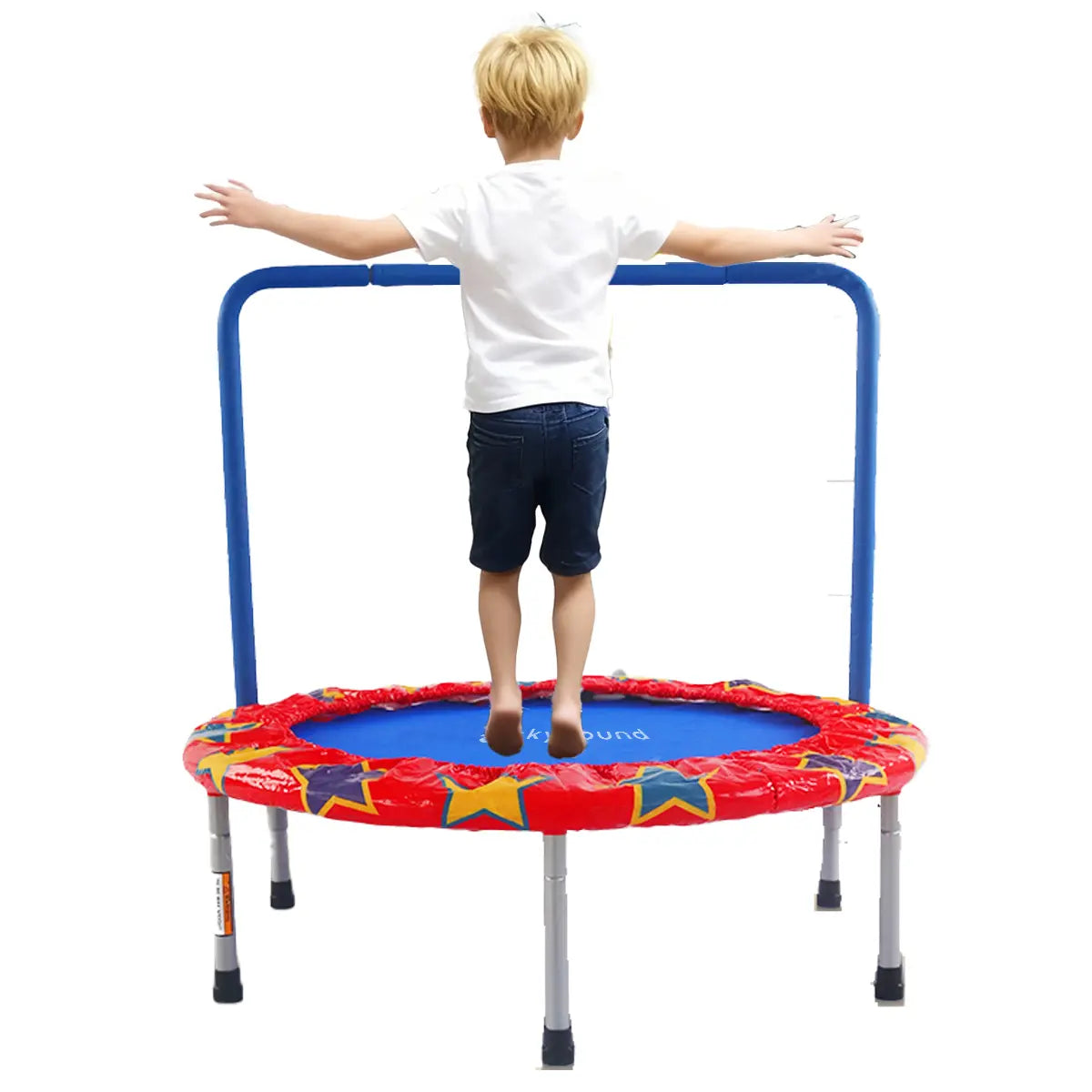 Close-up or exploded view of the SkyBound 36-inch mini trampoline, showing the thick T1.2mm metal frame, reinforced PP jumping mat (5000-hour UV resistant), 6 support legs, N-shaped safety handle, and upgraded PVC frame cover with UV and waterproof performance.