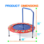Compact 36-inch mini trampoline for kids, featuring a 35-inch handlebar and 11-inch low profile. Ideal for home use, easy to store and great for active play.
