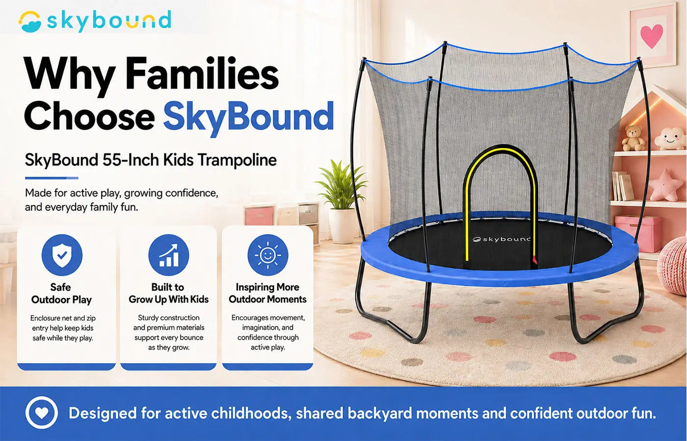 SkyBound 55-inch kids trampoline with safety enclosure net, featuring safe outdoor play, durable build, and inspiring outdoor moments for families.