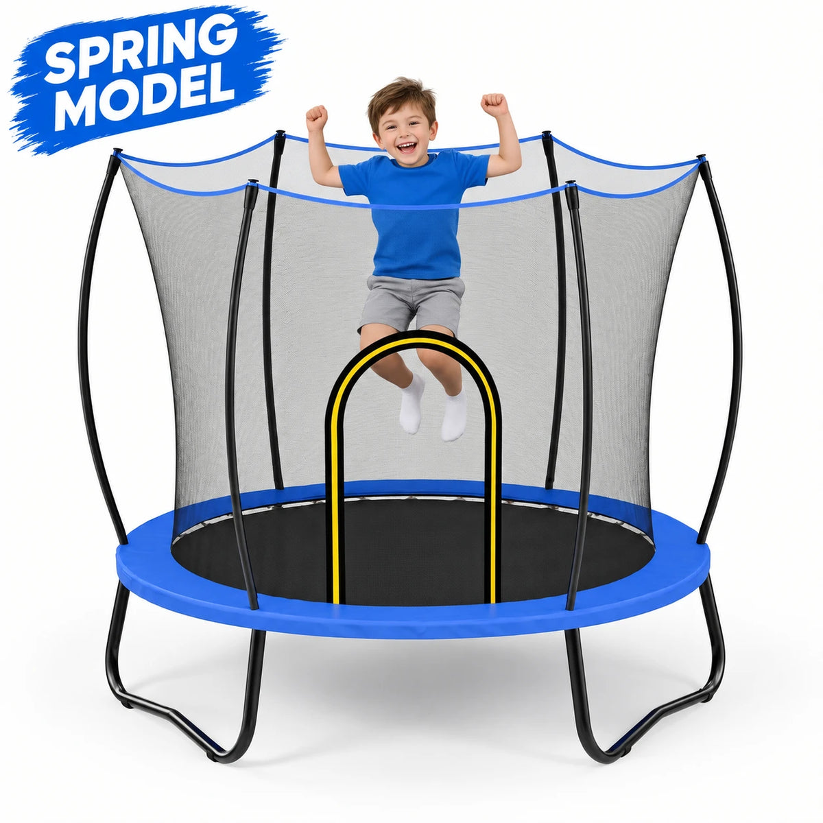 SkyBound 55‑inch spring toddler trampoline features no‑gap anti‑entrapment design, corrosion‑resistant galvanized frame & UV‑safety net. 3 stable U‑legs for secure indoor & outdoor kids bouncing fun, fully safety‑compliant.