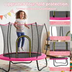 The SkyBound pink trampoline delivers comprehensive four-fold safety for toddlers. Integrated anti-pinch cloth protects little fingers, anti-collision fiberglass poles cushion impacts, thickened encrypted net prevents falls and tears, and the anti-slip silent rubber base ensures stable, noise-free indoor play.