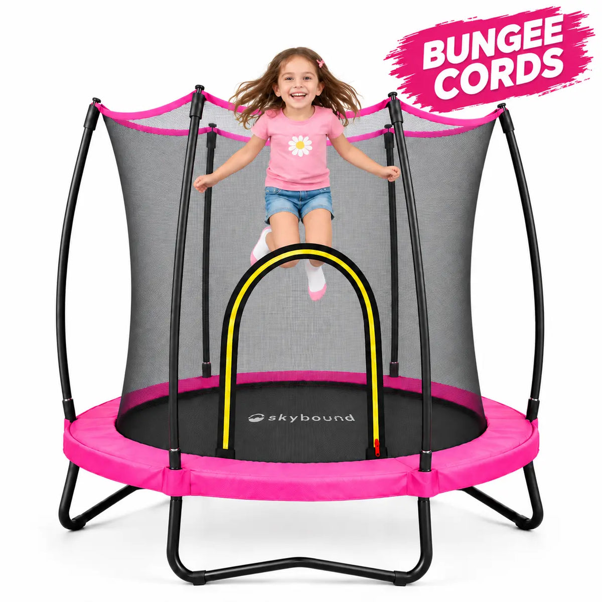 55" pink toddler trampoline with full safety enclosure net, bungee cord design for kids backyard play