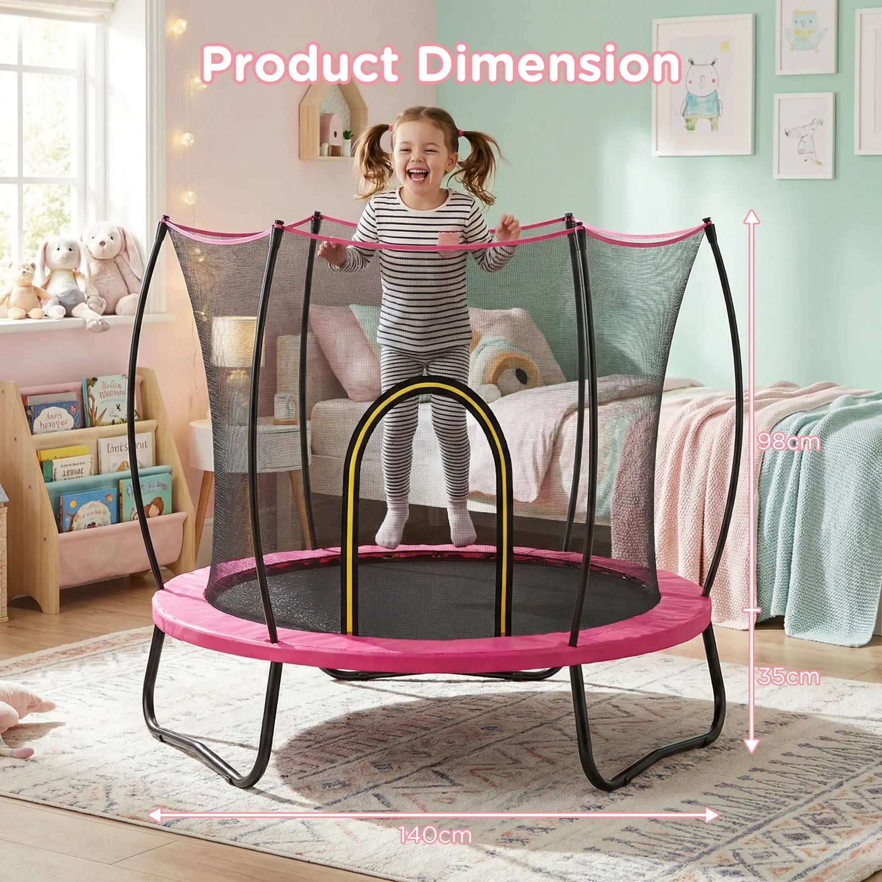 The SkyBound 55-inch pink trampoline is designed for indoor family use. Its 140cm compact frame fits most bedrooms, the 98cm enclosure net keeps kids safely inside, and the 35cm low base allows easy access for toddlers.
