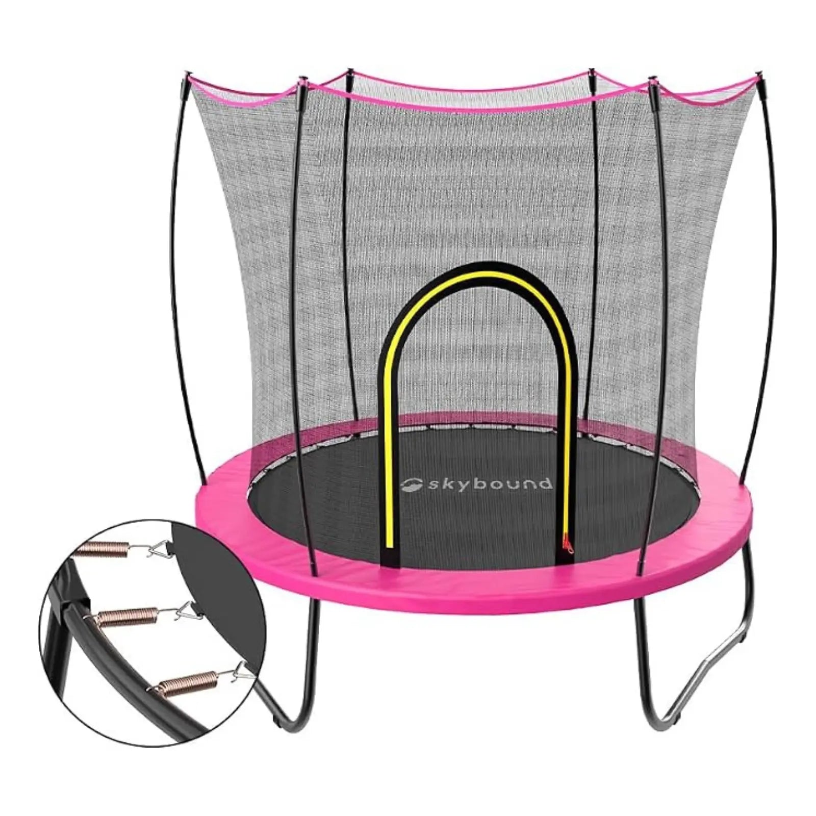 Our SkyBound pink mini trampoline equips upgraded thickened galvanized springs, offering soft yet powerful bounce without sagging. Equipped with full surrounding safety net and curved fiberglass poles, it creates a fully secure play space for kids indoors and outdoors.