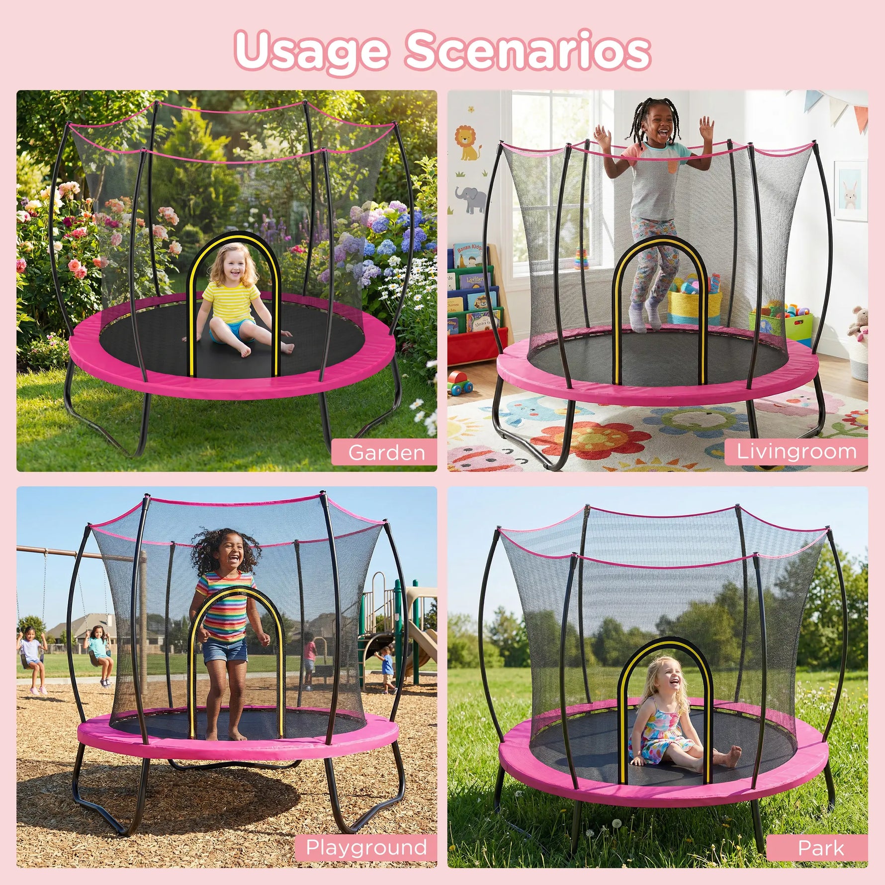 The SkyBound pink trampoline is built for flexible use across multiple scenarios. Set it up in the living room on rainy days, move it to the garden for sunny play, or bring it to playgrounds and parks — the full safety enclosure keeps kids protected everywhere.