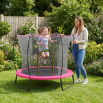 The SkyBound pink enclosed trampoline is a perfect addition to any residential backyard. The tall, fully wrapped safety mesh provides reliable all-around coverage for bouncing kids, making relaxed parent-supervised outdoor play simple and worry-free in your garden.