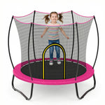 Our SkyBound pink trampoline is captured on a neutral white background to highlight its full design. The tall continuous safety enclosure wraps the entire play zone, paired with a wide soft padded outer rim for maximum child safety during active play.