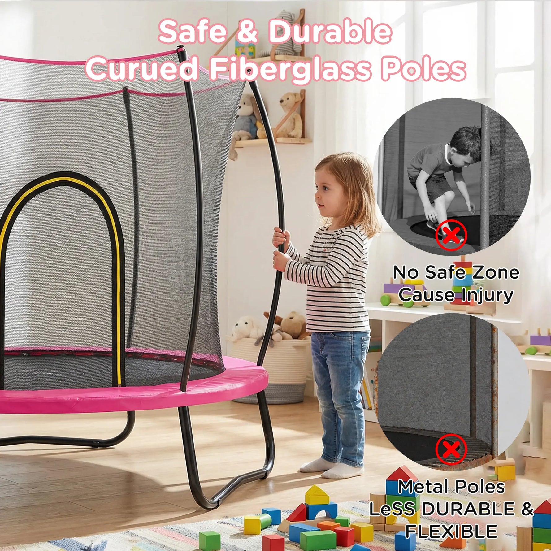 The standout safety upgrade of this SkyBound pink trampoline is its curved fiberglass support poles. Flexible and smooth-edged, they absorb light impact to prevent accidental knocks, solving the injury risks brought by inflexible metal poles on ordinary play trampolines.