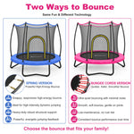 Two trampoline bounce technologies, high‑energy spring model and quiet joint‑friendly bungee cords model for family play