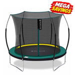 SkyBound 6ft springless round trampoline replaces metal springs with bungee cords for safer, pinch-free jumping. Integrated safety enclosure net with gap-free zipper design for kids backyard play.