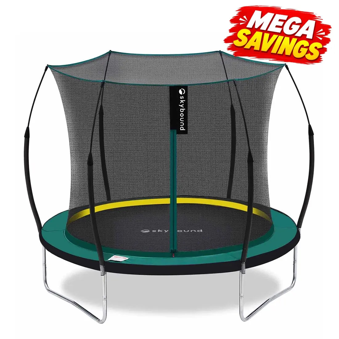SkyBound 6ft springless round trampoline replaces metal springs with bungee cords for safer, pinch-free jumping. Integrated safety enclosure net with gap-free zipper design for kids backyard play.