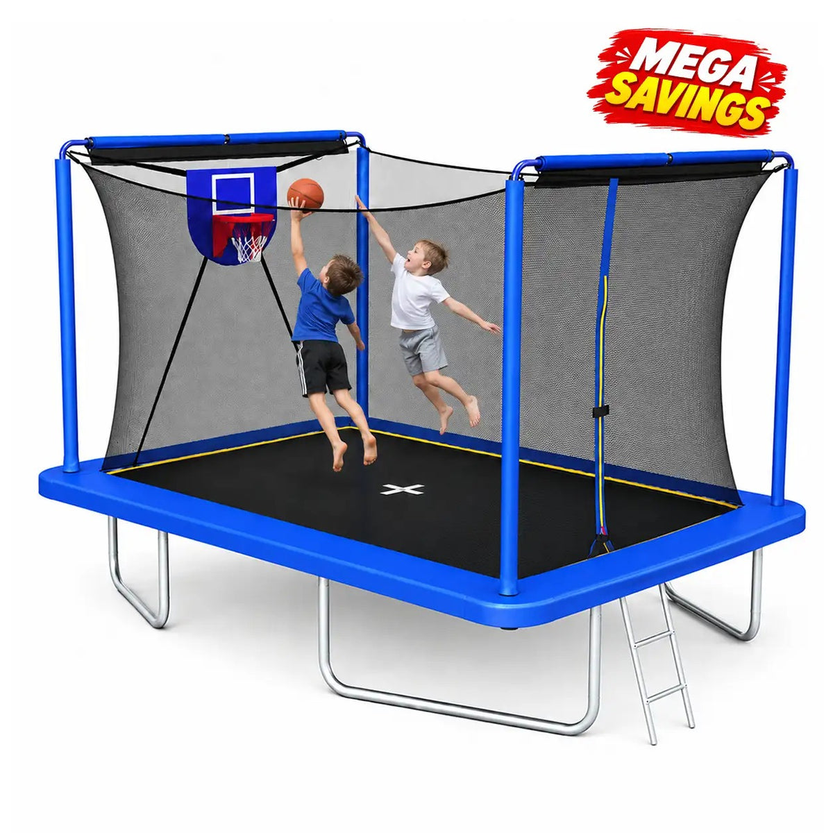 ur SkyBound 8x12ft rectangular trampoline offers a spacious jumping area for kids. Equipped with safety enclosure net, basketball hoop and access ladder. Heavy-duty outdoor trampoline for backyard active family fun.