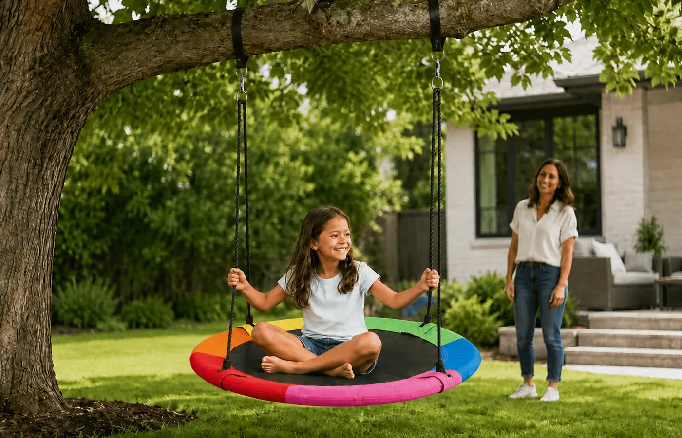 Safety‑first saucer swing fully tested to ASTM standards, lead‑free and heavy‑metal‑safe. Built with strong multi‑strand ropes and premium fabric, delivering reliable, worry‑free outdoor play for children.