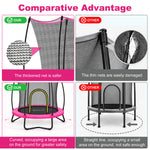 SkyBound trampoline comparison graphic, thick tear‑resistant safety net and wide curved stable frame vs competitor thin net straight frame