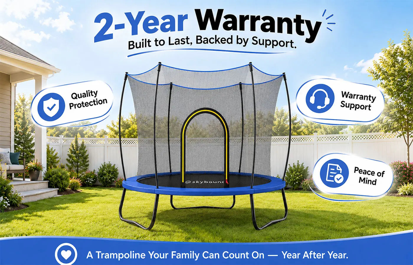 Outdoor SkyBound kids trampoline graphic highlighting 2-year warranty, quality protection, dedicated customer support for worry-free family use
