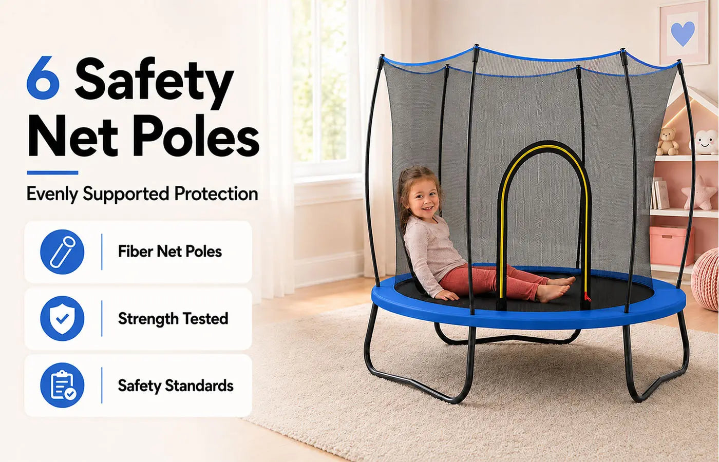 SkyBound indoor kids trampoline banner with 6 evenly distributed fiber safety net poles, strength tested poles meet safety standards for stable child bounce protection