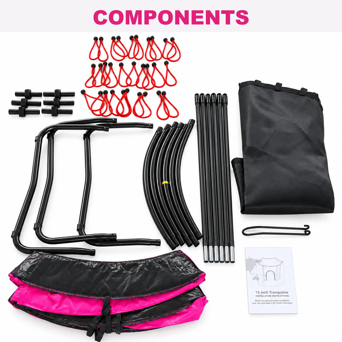 All‑in‑one trampoline assembly parts, including metal frame, elastic bungee cords, safety pad, enclosure net and installation guide