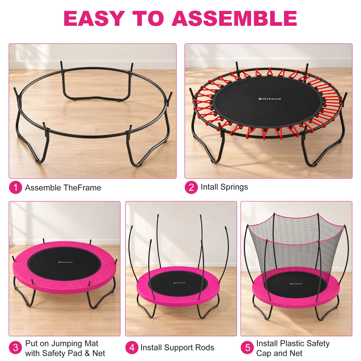 5‑step easy‑to‑assemble guide for SkyBound kids trampoline: frame, bungees, jumping mat, support rods and safety net installation