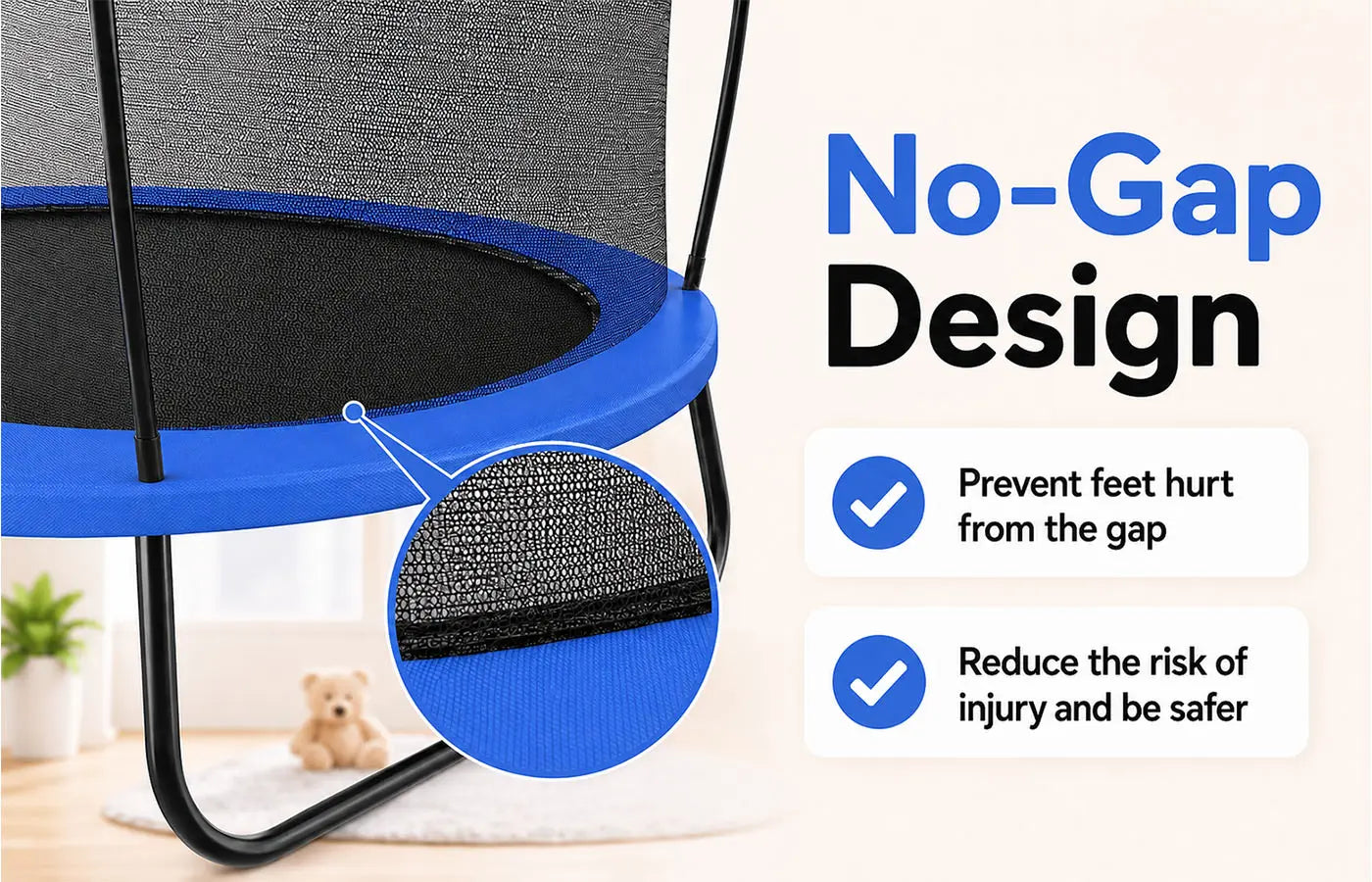 SkyBound kids trampoline No-Gap design close-up banner, tightly stitched safety net eliminates gaps to stop kids feet and limbs from trapping, safer bouncing for toddlers