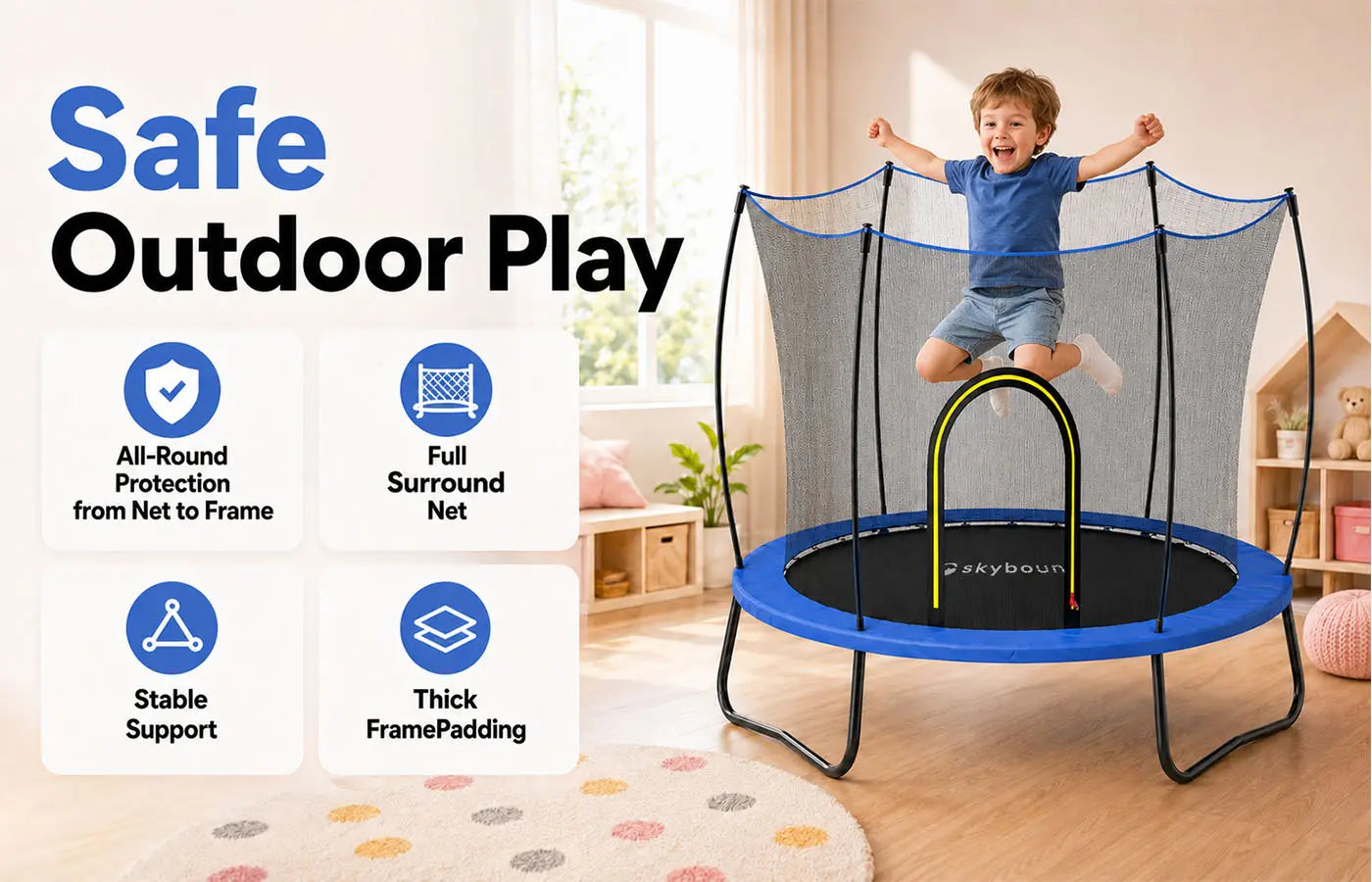 SkyBound kids trampoline safe outdoor play banner, ASTM safety certified, no-gap design, full surround net, stable support and thick frame padding for child protection